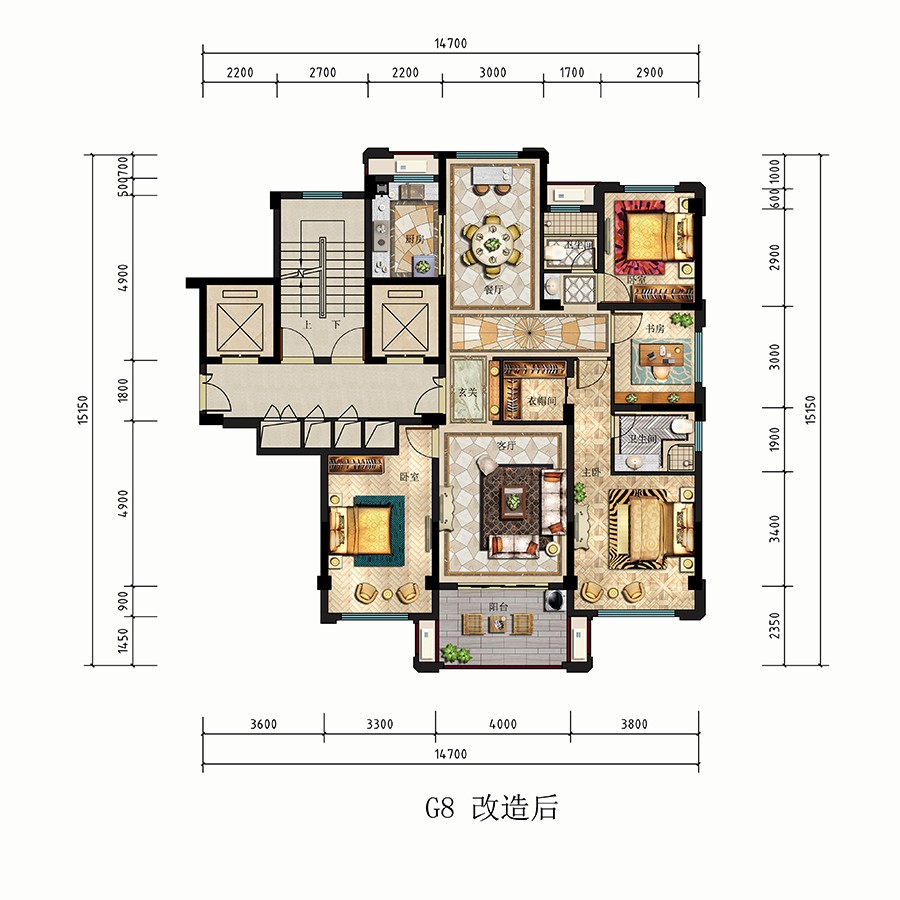 G8户型 拓展后 建筑面积：135平米