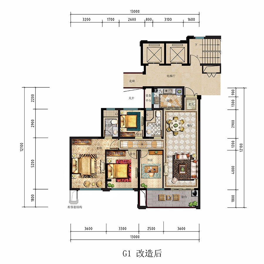 G1户型 拓展后 建筑面积：122㎡