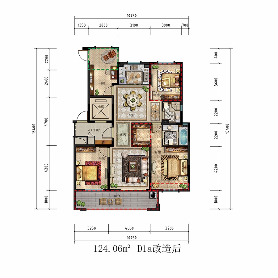 D1 a户型 建筑面积：124.06平米