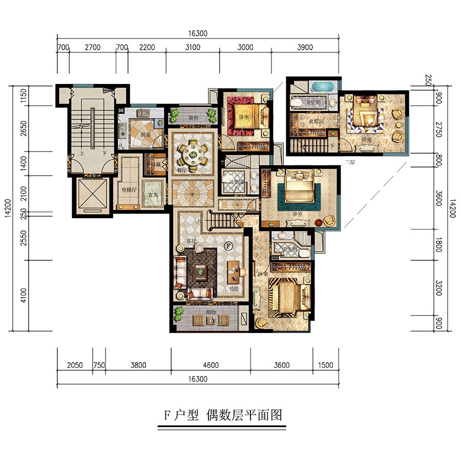 F户型 偶数层平面图 建筑面积：
